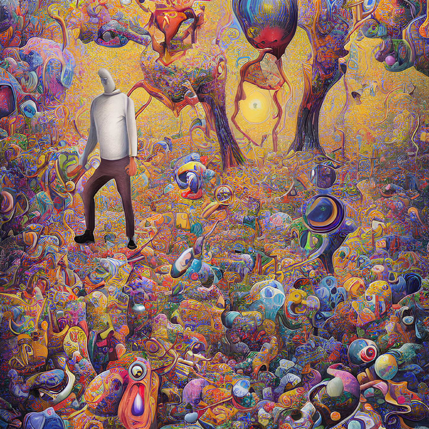 Vibrant surreal landscape with eye-like forms, trees, and figure in hoodie