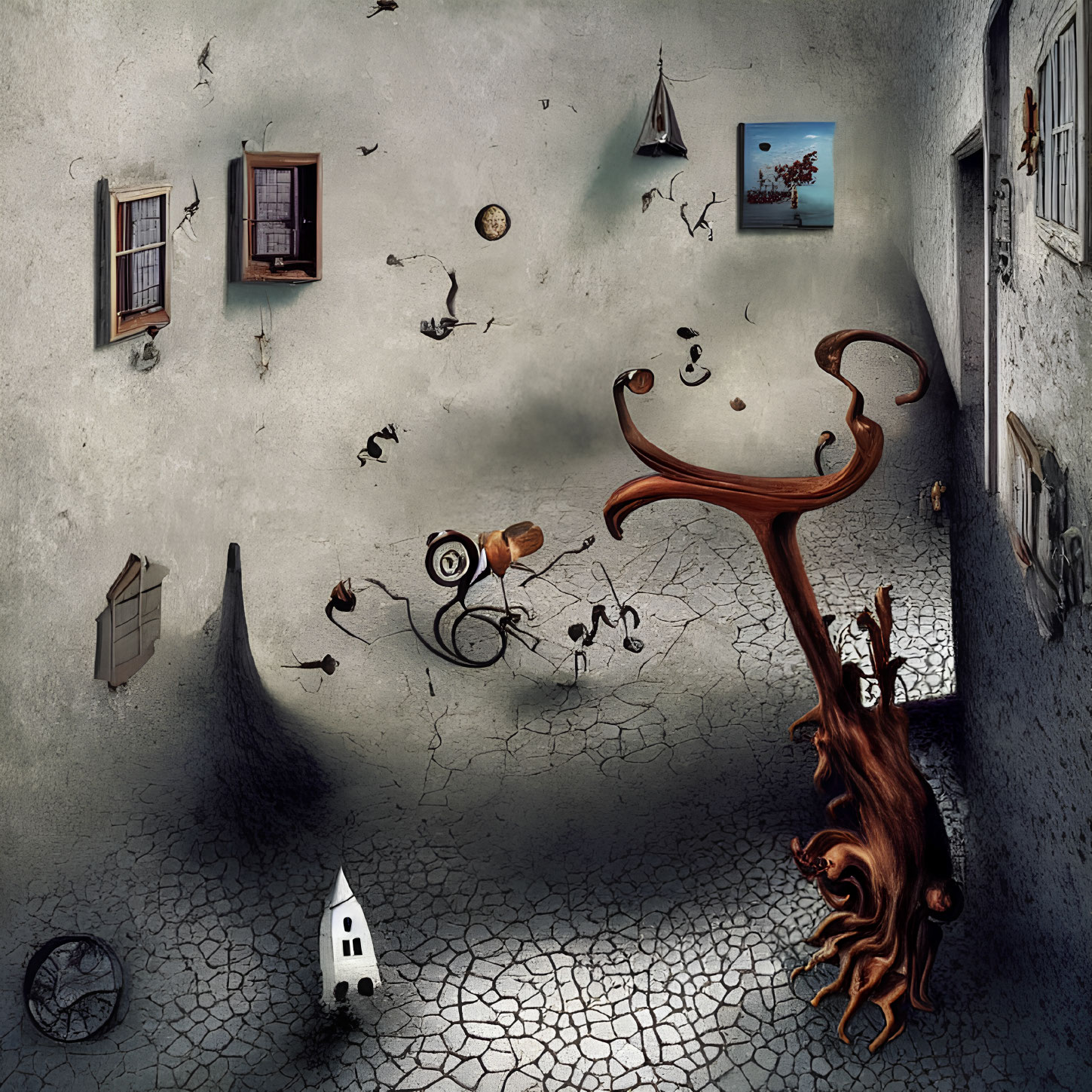 Surreal room artwork with upside-down tree and floating objects