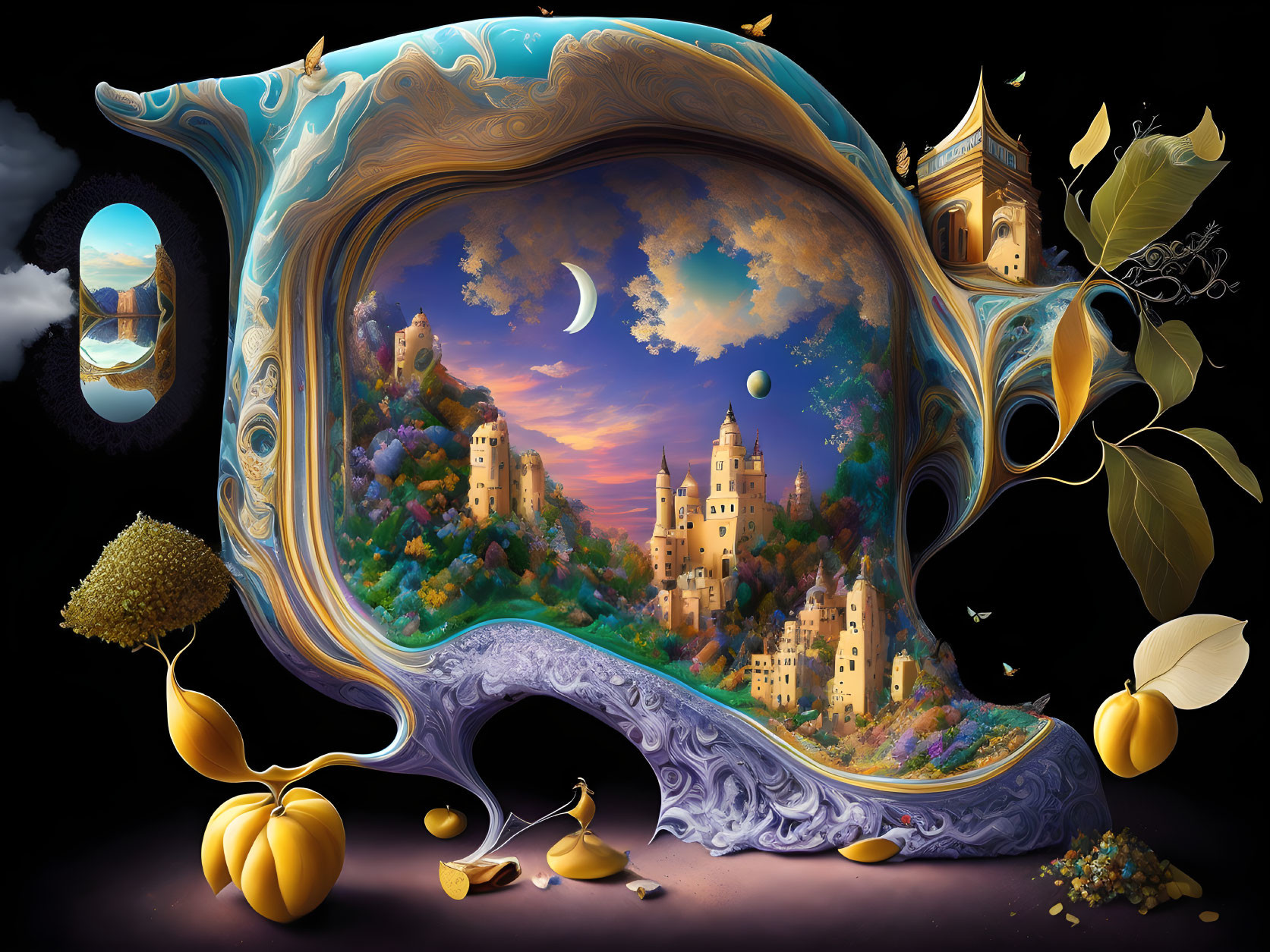 Surreal fantasy scene with castles, moonlit sky, whimsical trees, and golden fruits