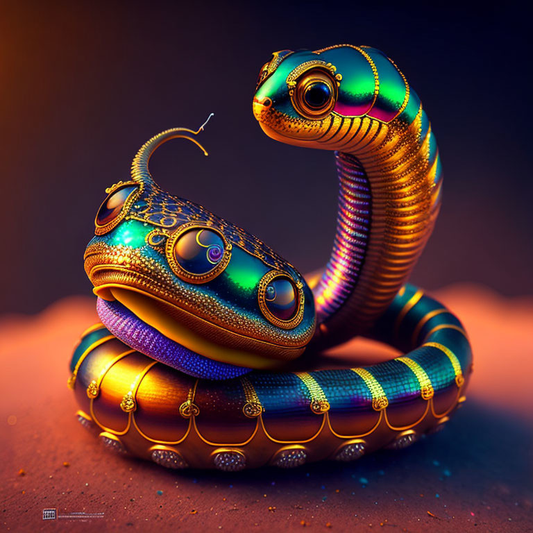 Vibrant Digital Artwork: Snake with Gem-like Textures & Golden Embellishments