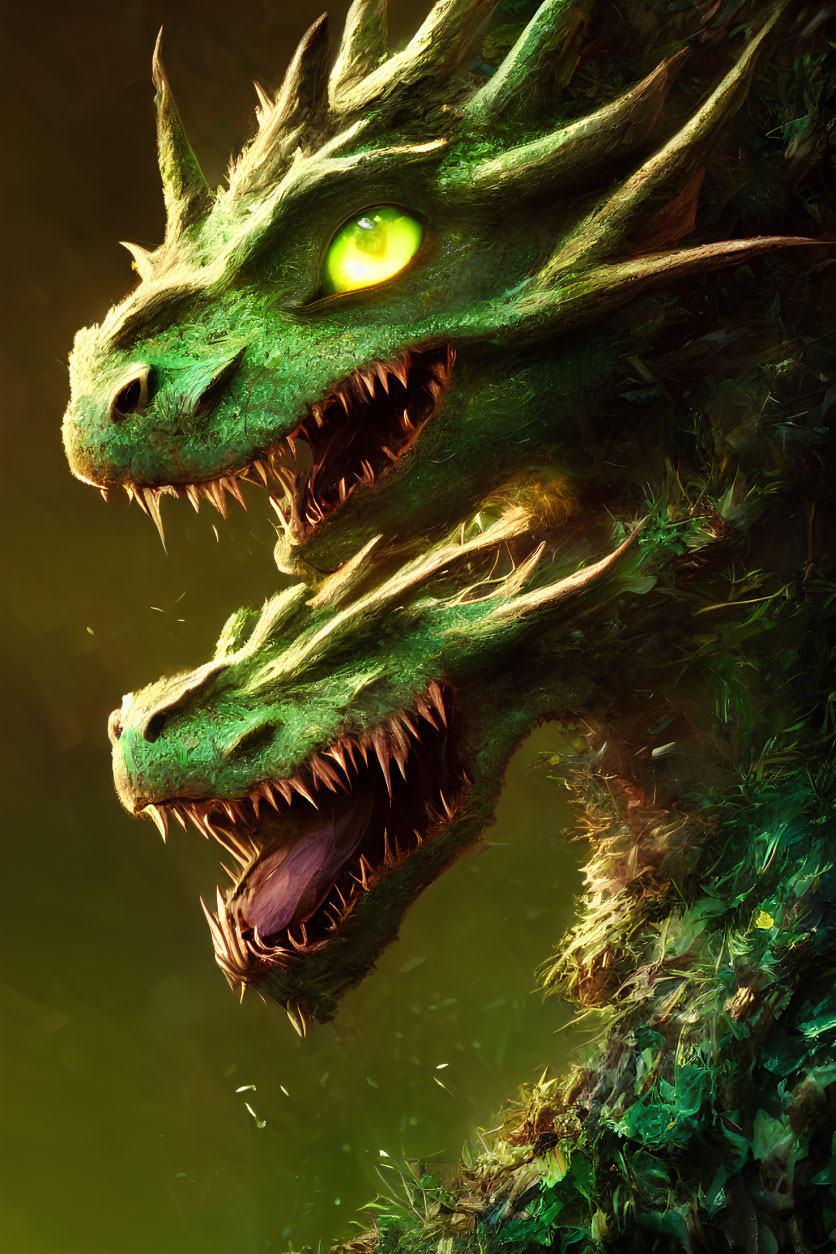 Mythical three-headed dragon with glowing yellow eyes and green scales in misty setting