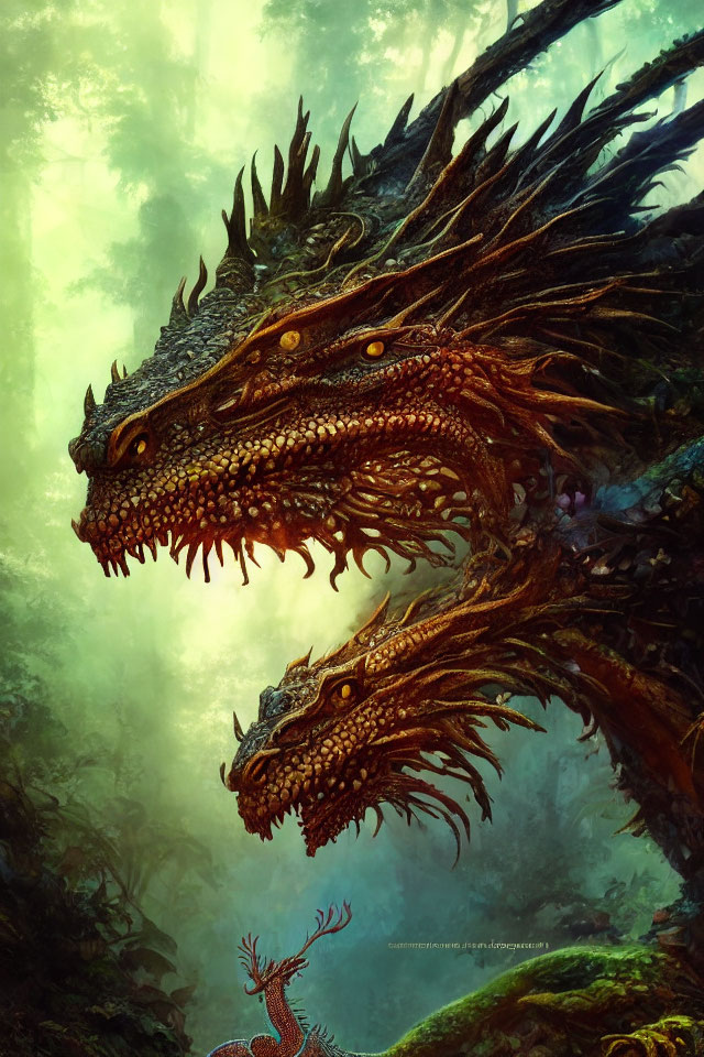 Three-headed dragon in misty forest with intricate scales