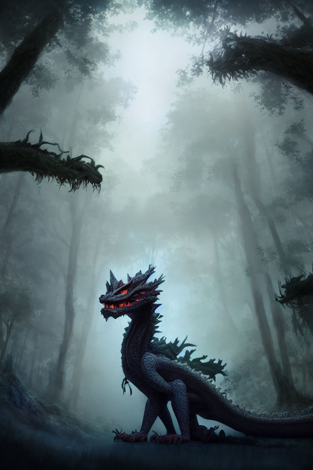 Majestic dragon in misty forest with shimmering scales and glowing red eyes
