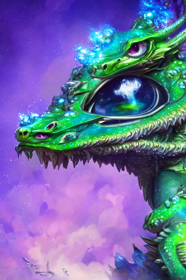 Colorful Multi-Eyed Dragon Artwork with Nebula Reflection