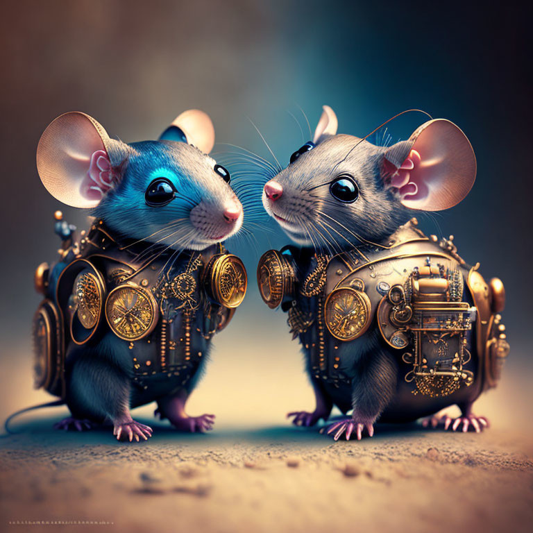 Steampunk-themed anthropomorphic mice in detailed attire, face-to-face