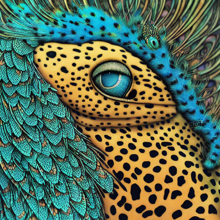 Colorful Animal Illustration with Leopard Print Body and Aqua-Blue Feathers