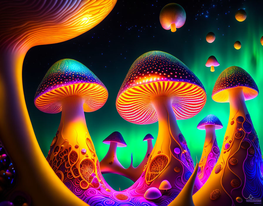 Neon-colored bioluminescent mushrooms on cosmic backdrop