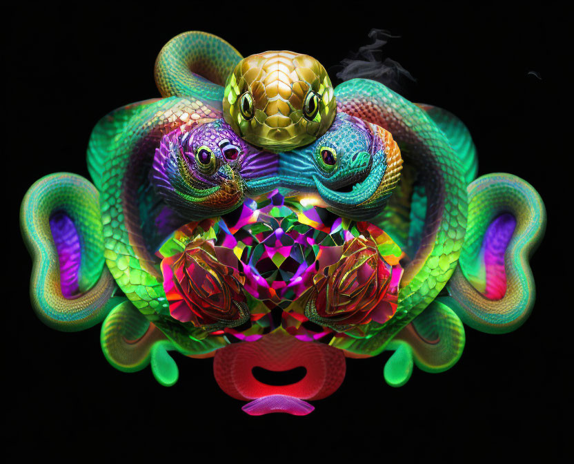 Vibrant psychedelic snake trio with golden pattern, encircling glowing crystal