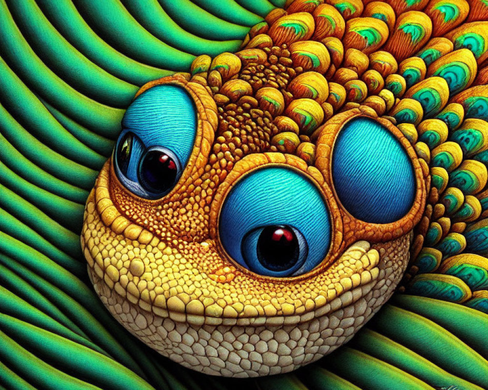 Colorful Stylized Creature with Blue Eyes and Orange Scales on Green Background