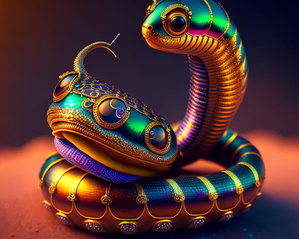 Vibrant Digital Artwork: Snake with Gem-like Textures & Golden Embellishments