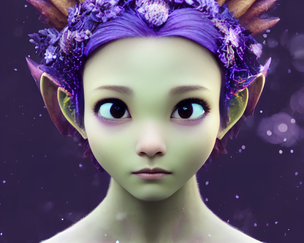 Fantasy Creature with Green Skin and Purple Flowers in Hair