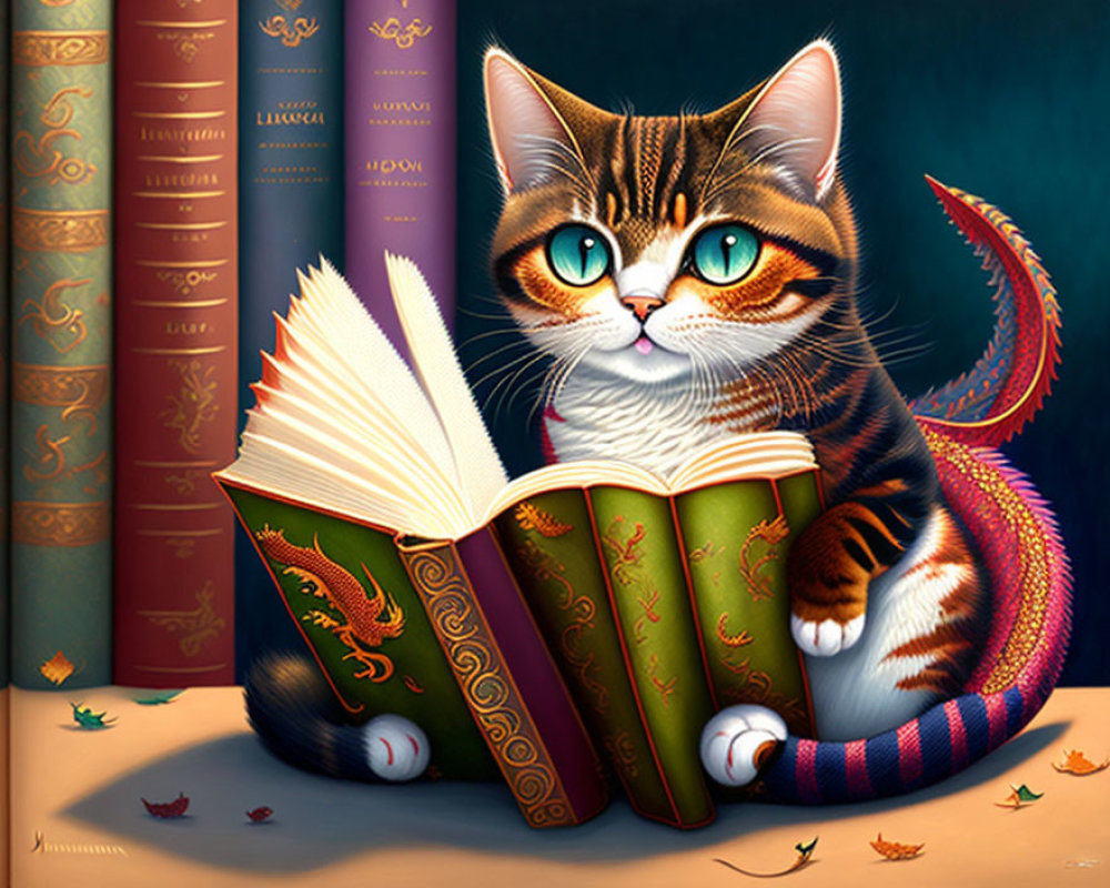 Illustration of tabby cat with blue eyes reading book with dragon design