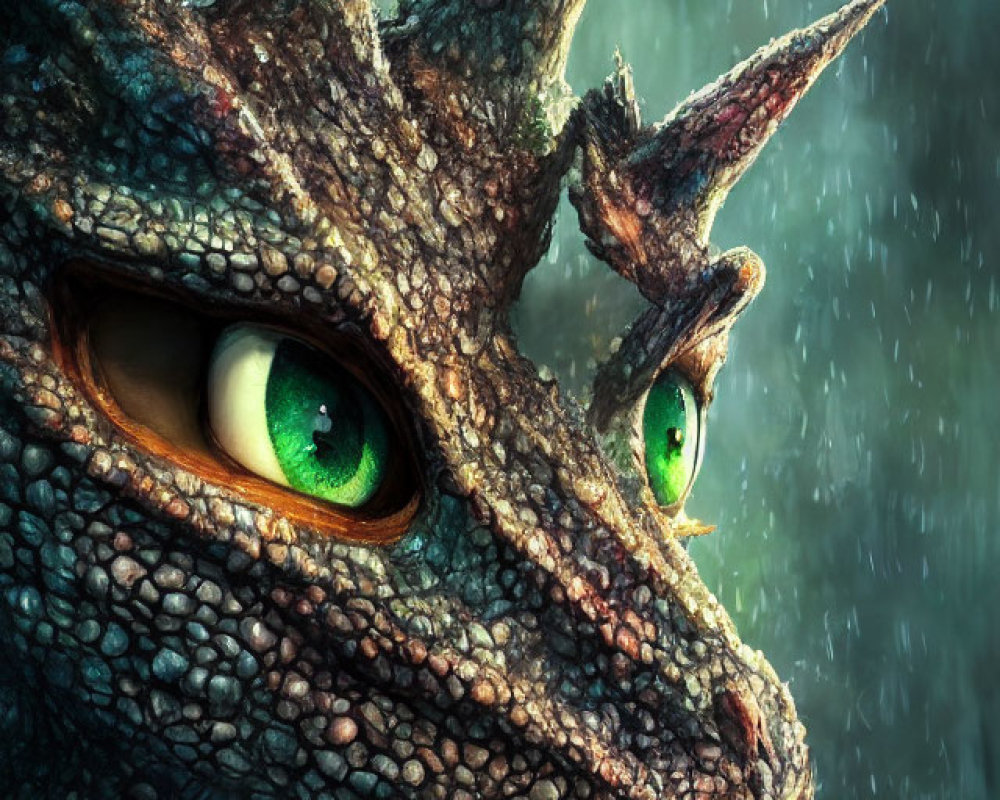 Detailed Dragon Head with Textured Scales and Green Eyes in Rainy Setting