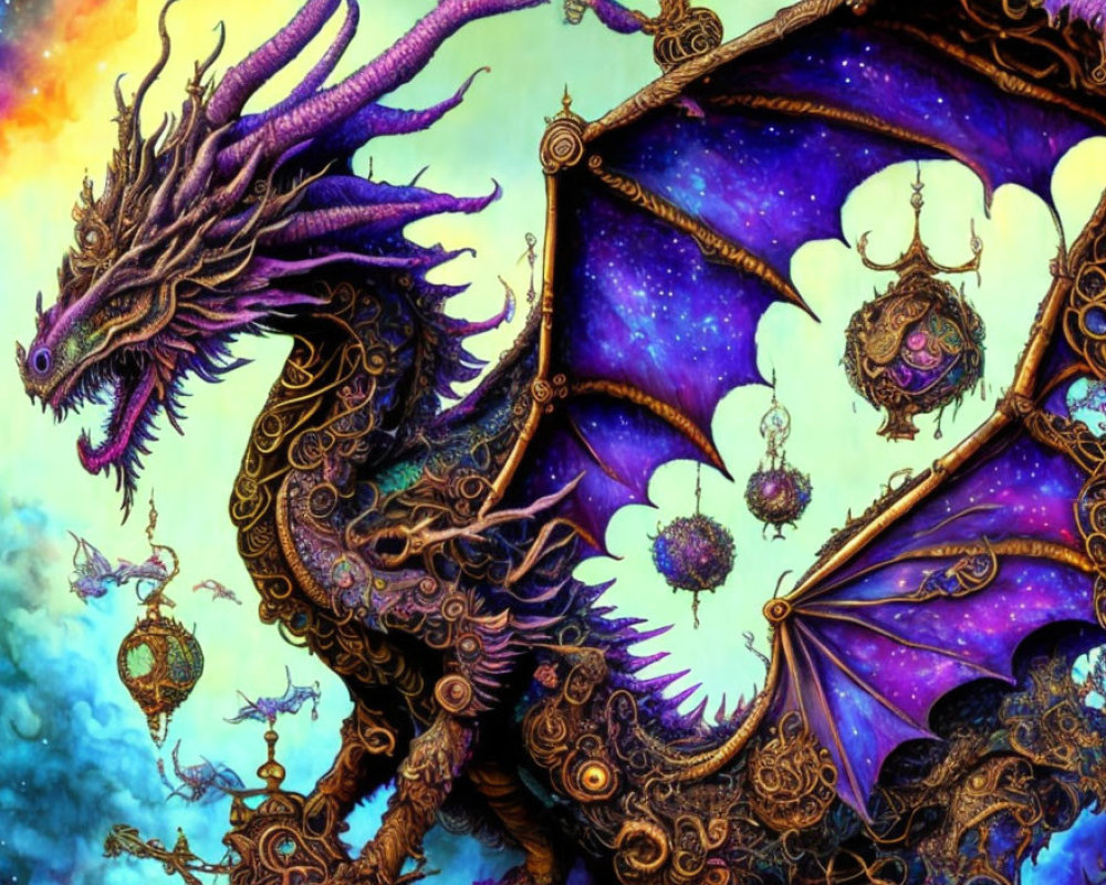 Vibrant fantasy dragon with purple scales and intricate wings in cloudy sky