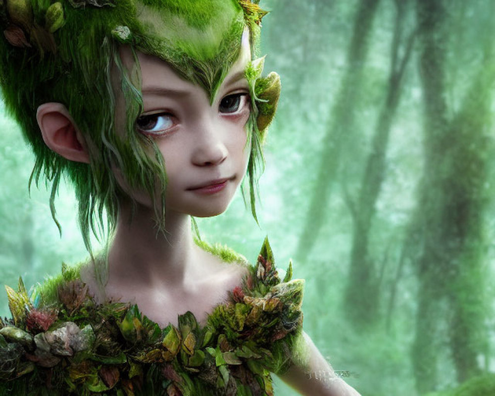 Green-skinned forest creature with leafy hair and horns in misty woodland.