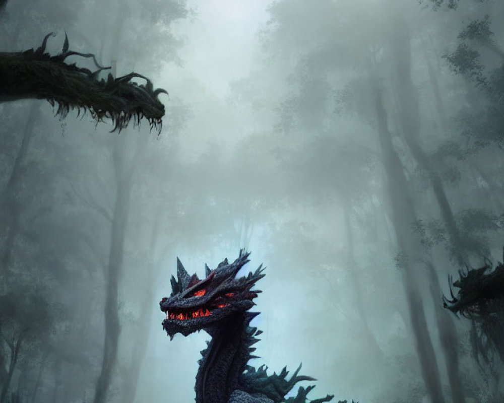Majestic dragon in misty forest with shimmering scales and glowing red eyes