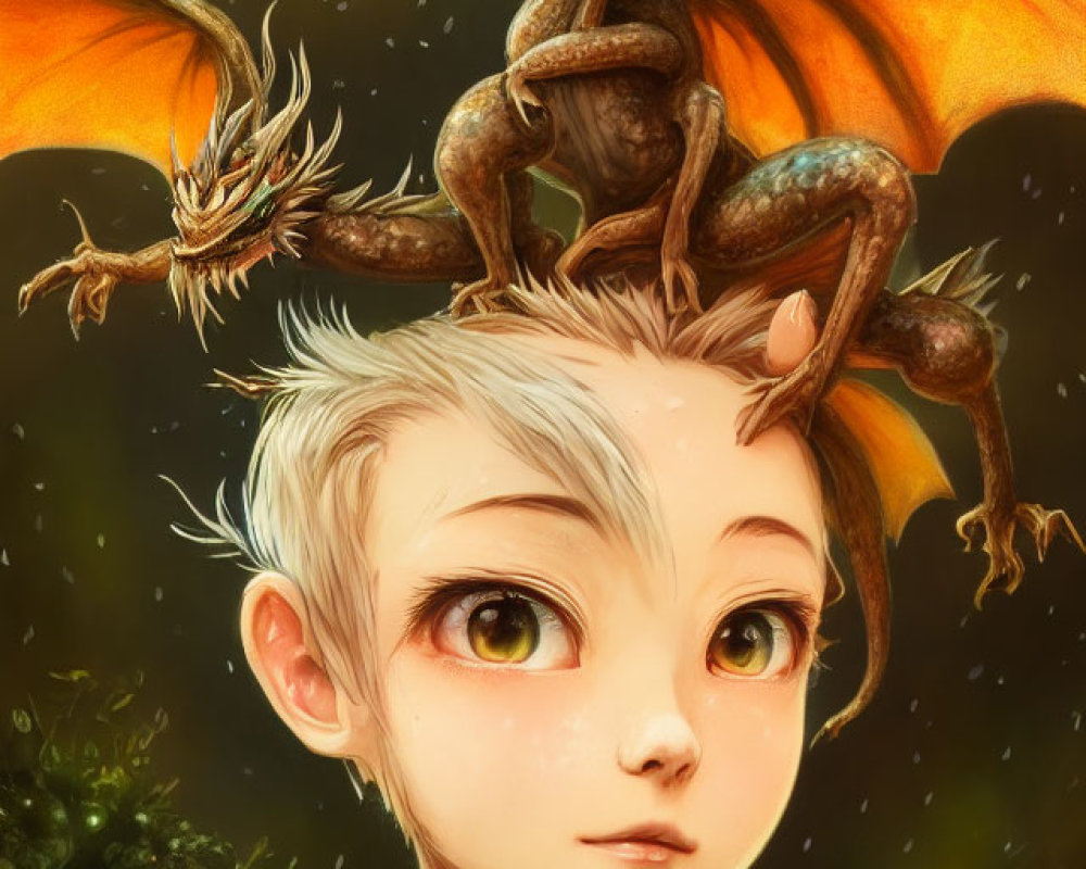 Illustration of person with short hair, tattoos, and dragons in forest setting