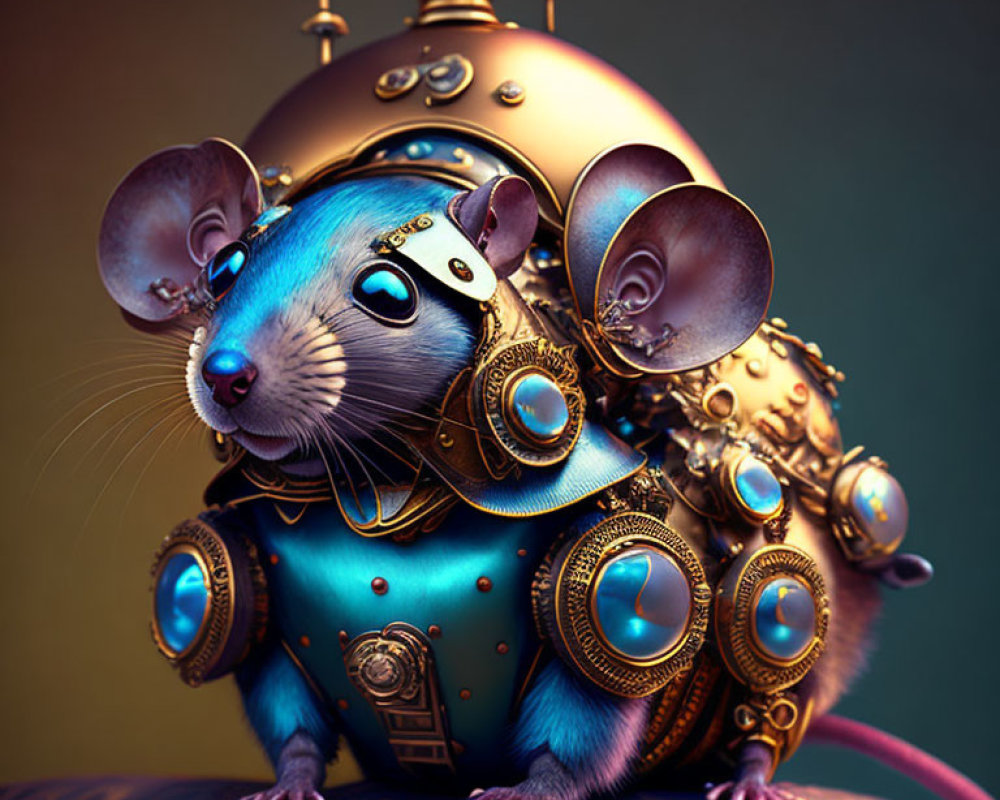 Blue Mouse in Golden Steampunk Armor with Gears