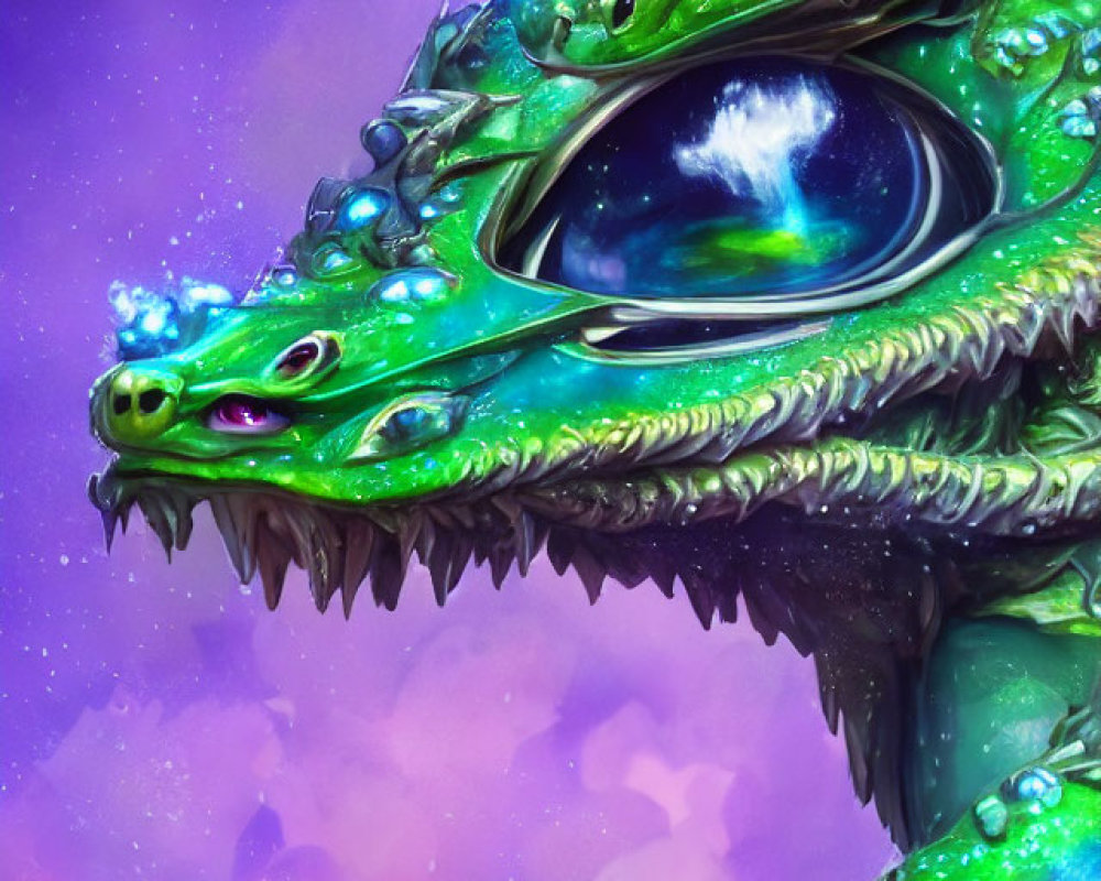 Colorful Multi-Eyed Dragon Artwork with Nebula Reflection