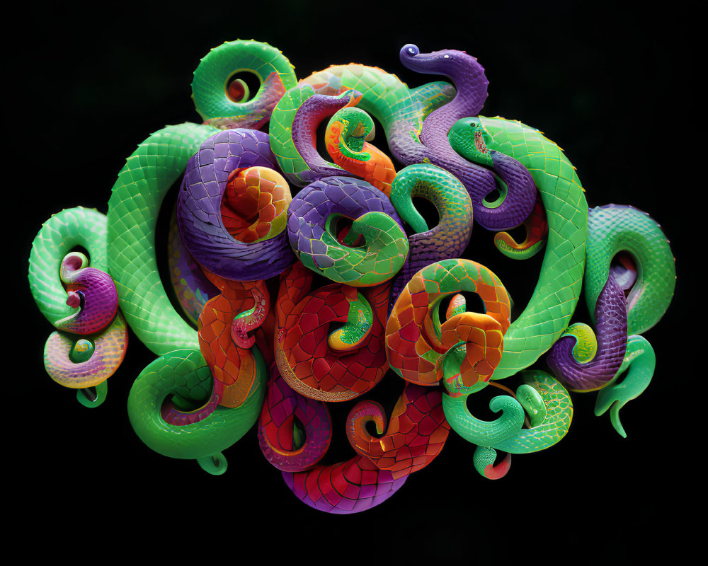 Vibrant digital artwork: Serpentine creatures in intricate patterns