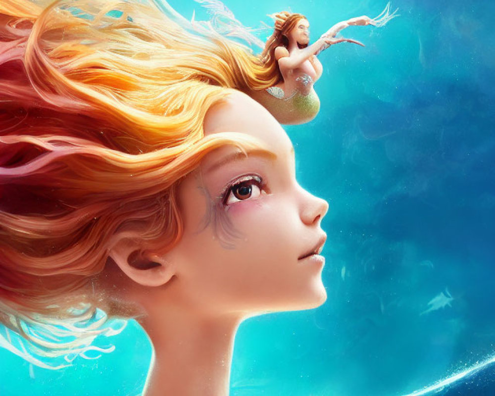 Surreal female figure with flowing hair merging into smaller figure on vivid blue backdrop