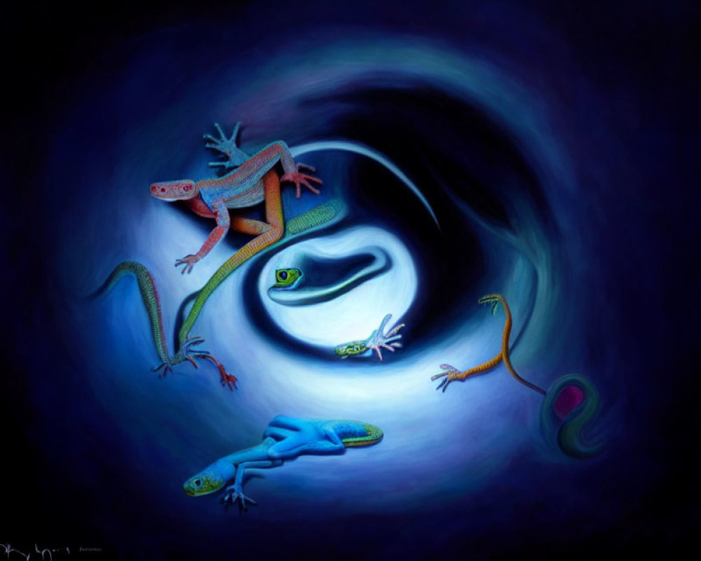 Colorful Lizards and Snakes Swirling in Dark Vortex