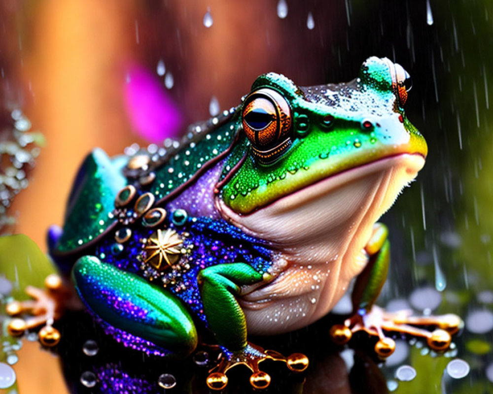 Vivid Frog in Raindrops Displaying Iridescent Colors