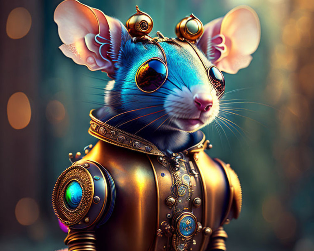 Steampunk-inspired digital art of a mouse in brass armor