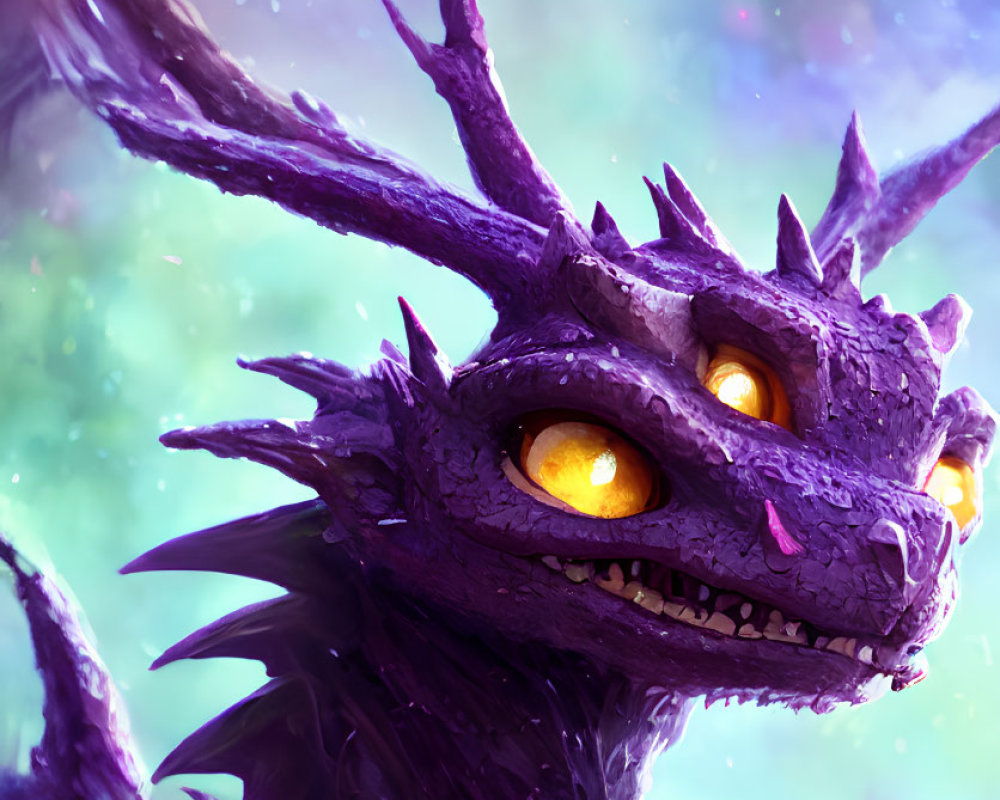 Purple dragon with large horns and yellow eyes in cosmic setting