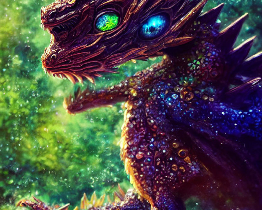 Detailed Scaly Dragon Artwork with Green Eyes on Emerald Background