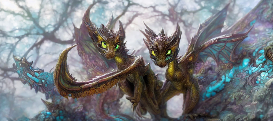 Intricately detailed dragons in misty enchanted forest with green eyes