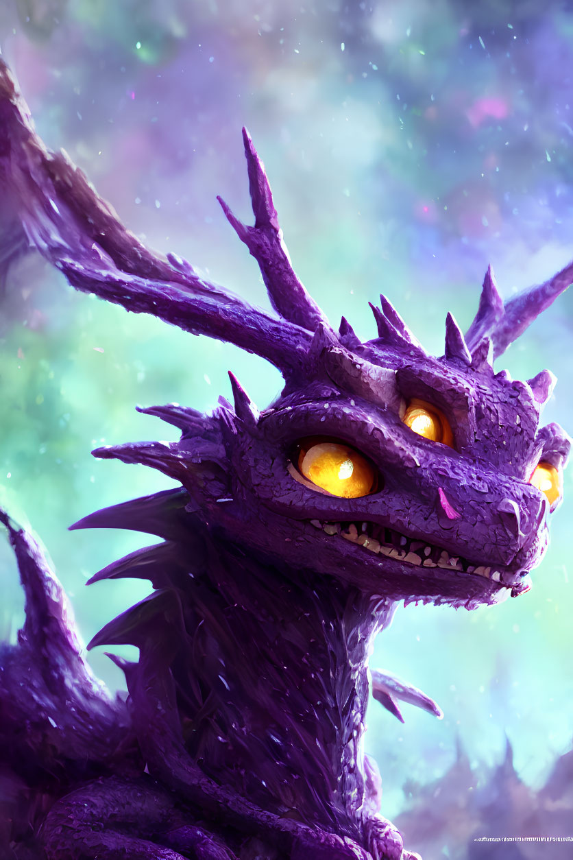 Purple dragon with large horns and yellow eyes in cosmic setting