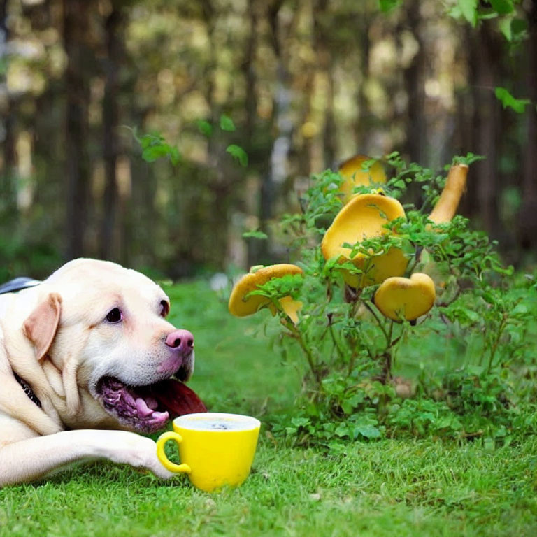 Labrador dog resting near yellow cup with large mushrooms in background