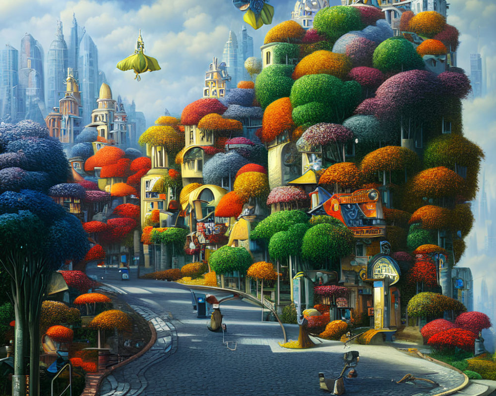 Colorful cityscape with tree-top houses, cobbled street, flying vehicles, and daily life activities