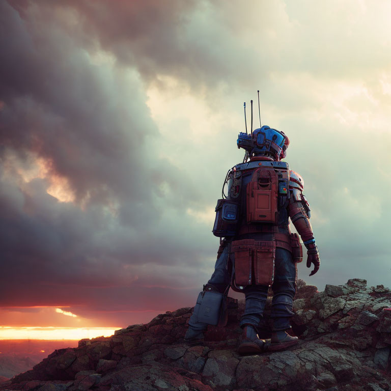 Astronaut in space suit on rocky terrain at sunset