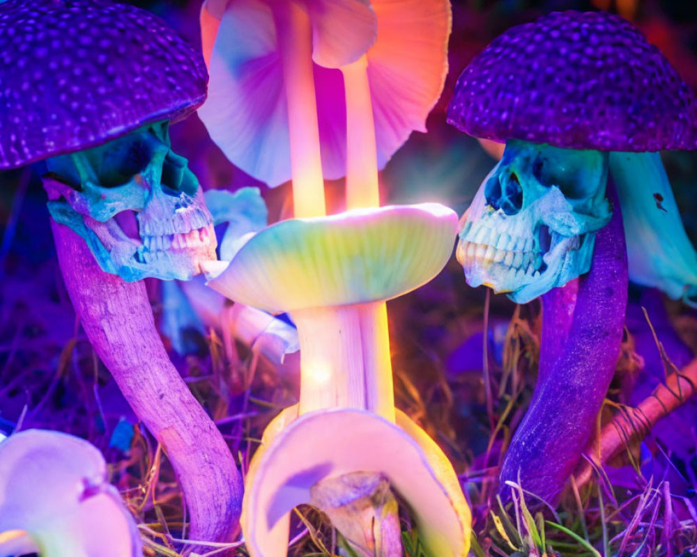 Colorful illuminated mushrooms and human skulls in purple, blue, and yellow light on dark backdrop