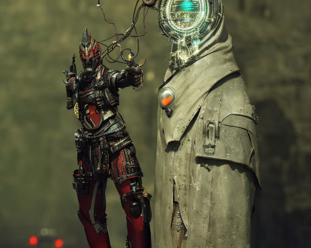 Futuristic warrior in red and black armor with cloaked figure and glowing mechanical head