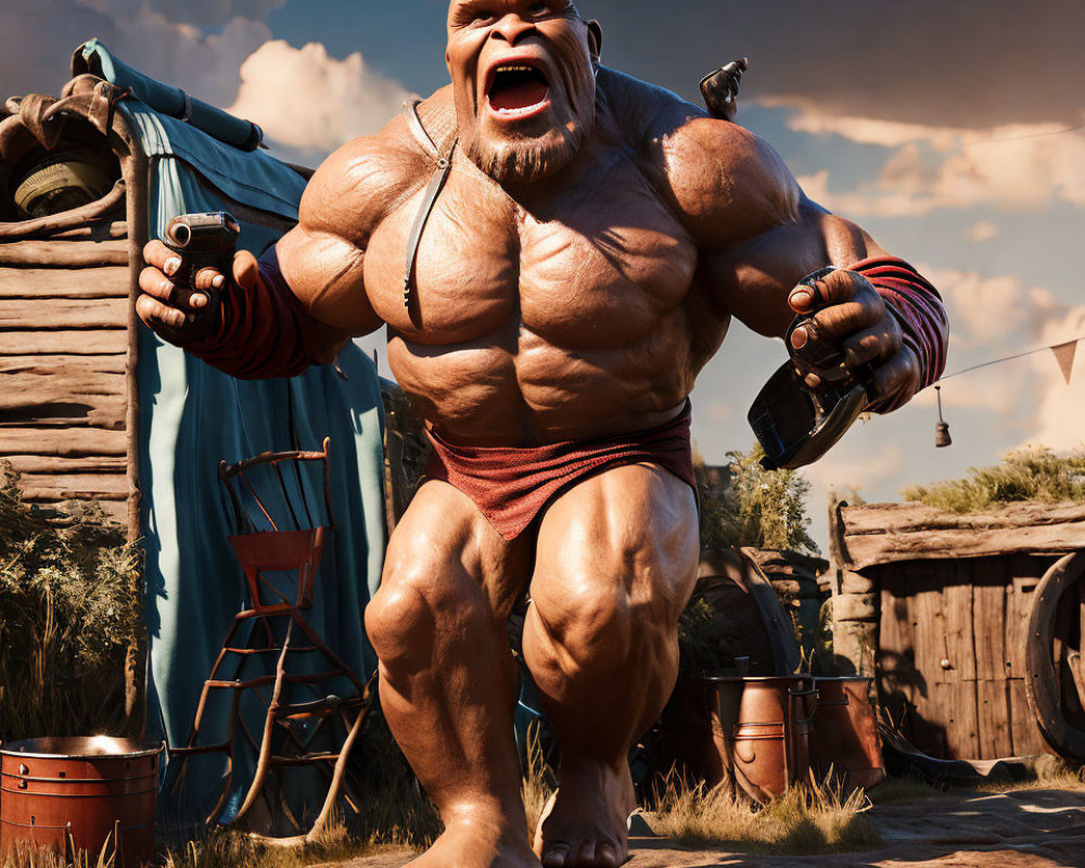 Animated muscular ogre in outdoor setting with barrels and wooden cart