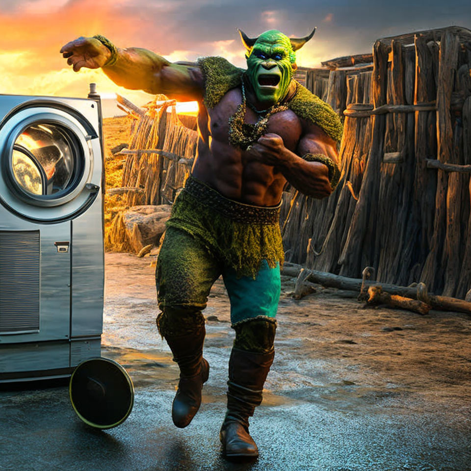 Green orc throwing speaker at washing machine in sunset scene