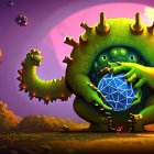 Fantasy scene with green dragon creature holding blue orb in purple setting
