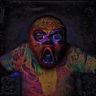Neon body paint and tattoos on person against dark background