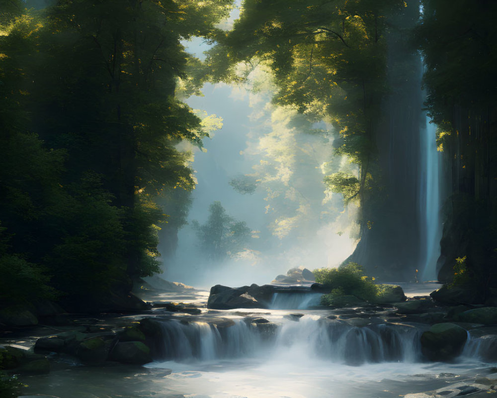 Tranquil forest landscape with cascading waterfall and misty stream