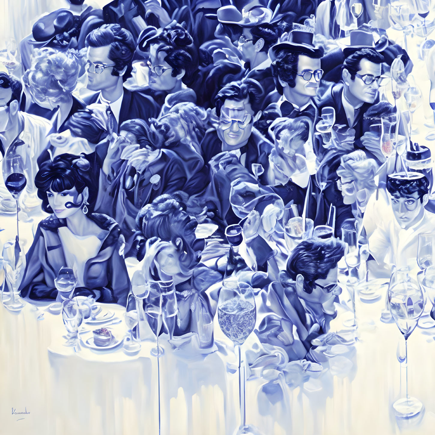 Elegant monochromatic painting of crowded event with stylishly dressed people and wine glasses