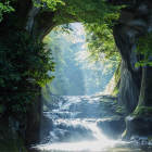 Tranquil forest landscape with cascading waterfall and misty stream