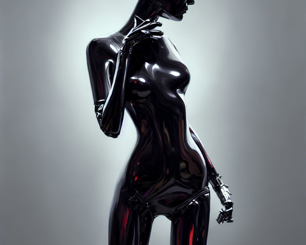 Glossy Black Mannequin with Robotic Joints in Contemplative Pose