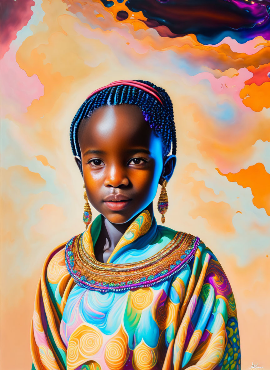 Colorful portrait of young girl with braided hair in vibrant setting