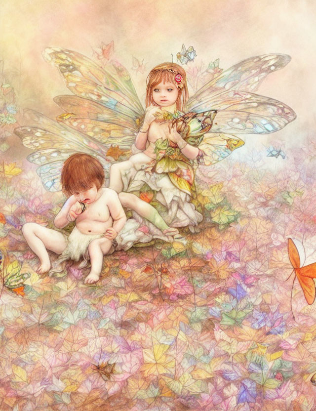 Illustration of young fairy-like children with wings among colorful autumn leaves