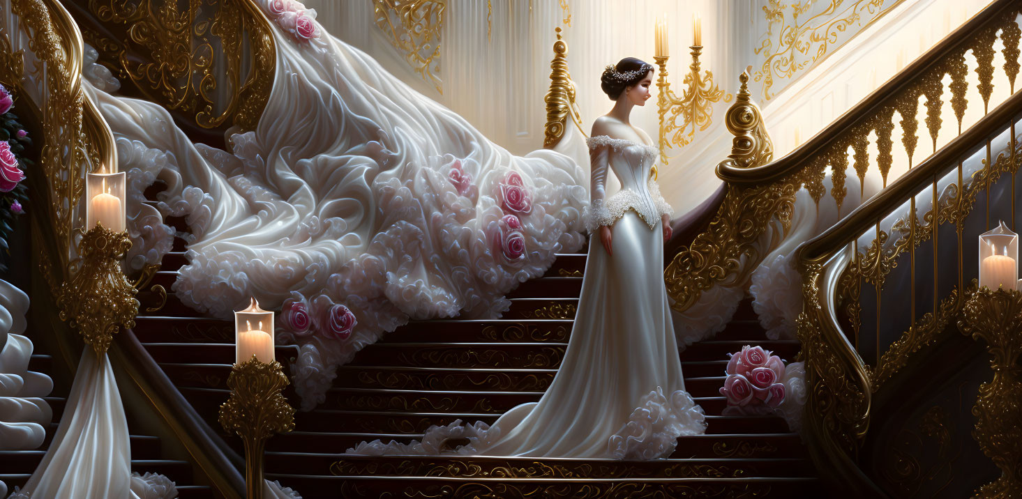 Luxurious White Bridal Gown Descending Grand Staircase