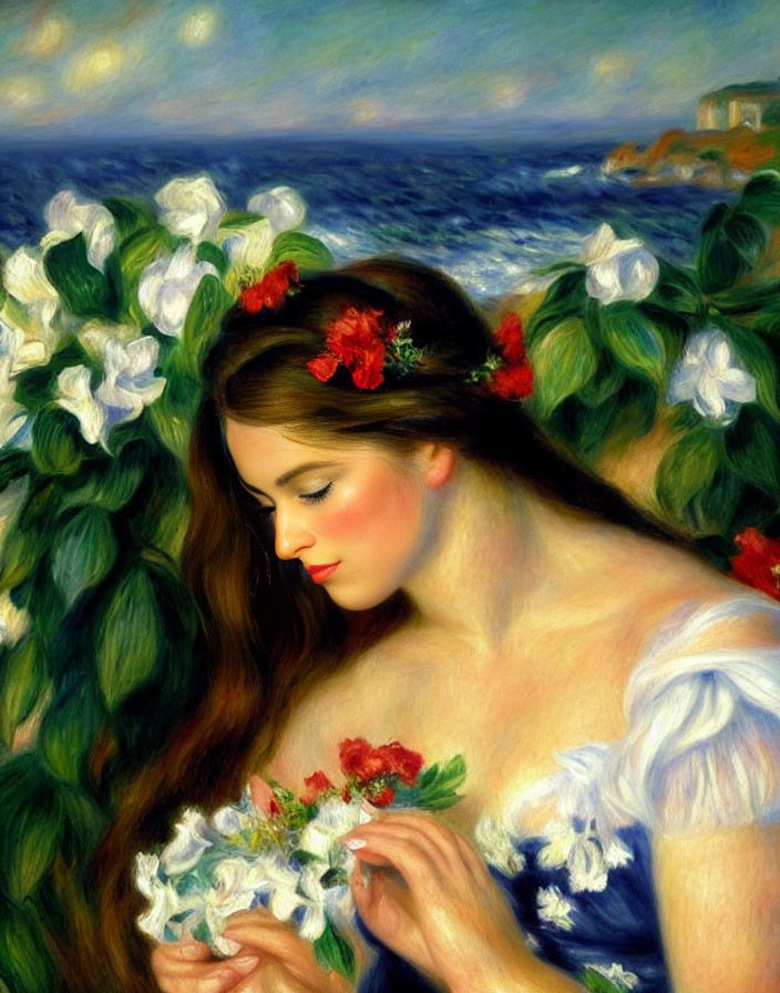 Woman with Floral Headpiece by Sea: Serene Portrait with Vibrant Background