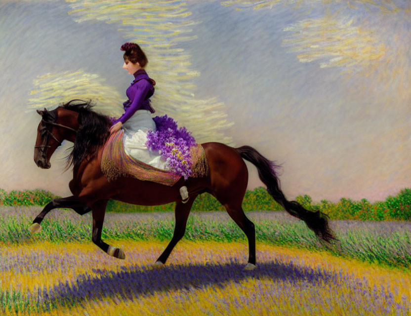 Victorian woman on galloping horse in lavender field with impressionistic sky
